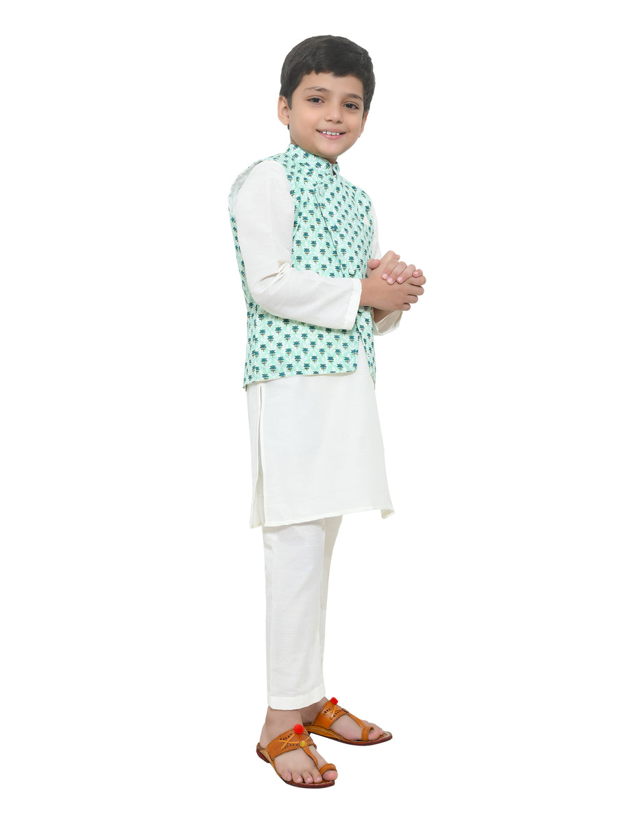 Off White Kurta With Sea Green Printed Jacket