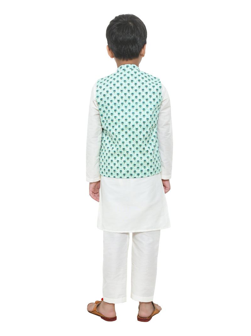 Off White Kurta With Sea Green Printed Jacket