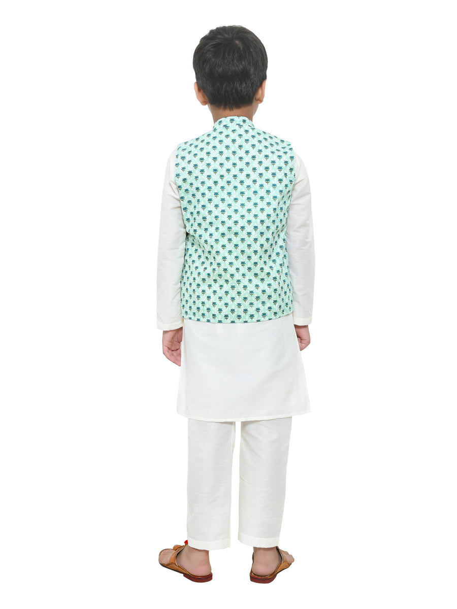 Off White Kurta With Sea Green Printed Jacket